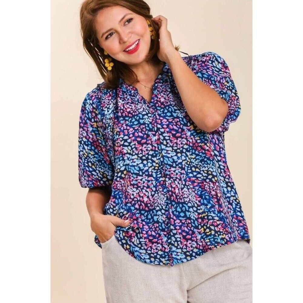 Umgee Abstract Animal Print‎ Split Neck Ruffle Detail Colorful Puff Sleeve Large